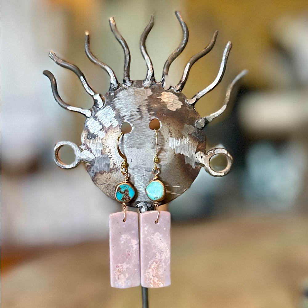 Pink Stone Drop Earrings with Turquoise Accents and Gold Hooks